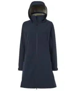 Mountain Horse Stella Softshell Parka in Navy for women, water- and wind-repellent, soft teddy lining, long back zipper, and detachable hood.